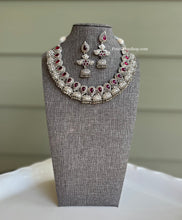 Load image into Gallery viewer, 92.5 Silver coated Real Kemp stone Ruby Jhumka necklace set
