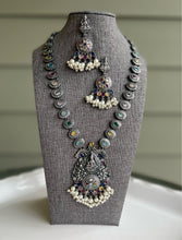 Load image into Gallery viewer, German Silver Long haram Multicolor Glass Stone  Lakshmi Ji Pearl Necklace set
