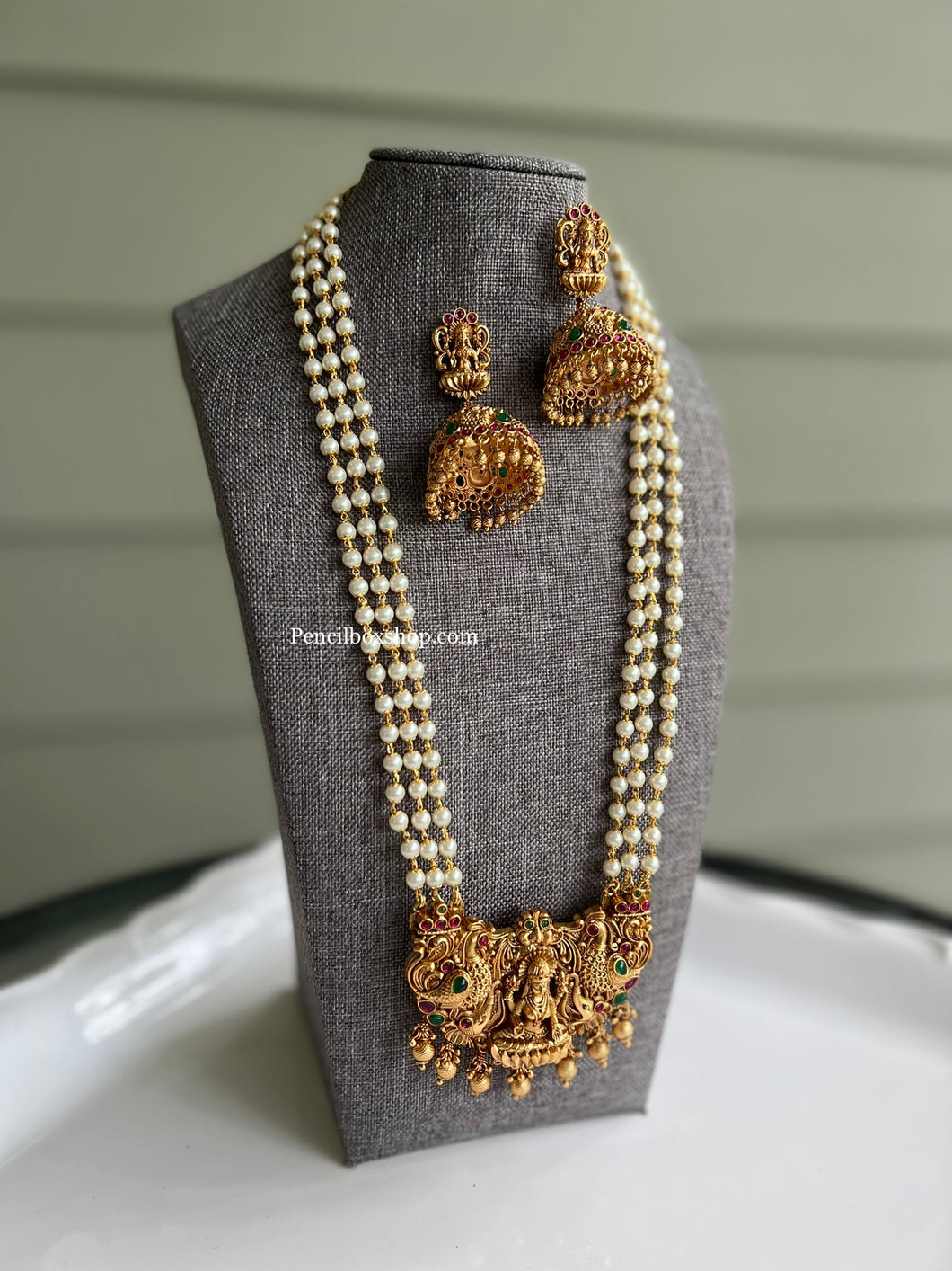 Multicolor Lakshmi ji Peacock three pearl Beads Necklace set with jhumkas