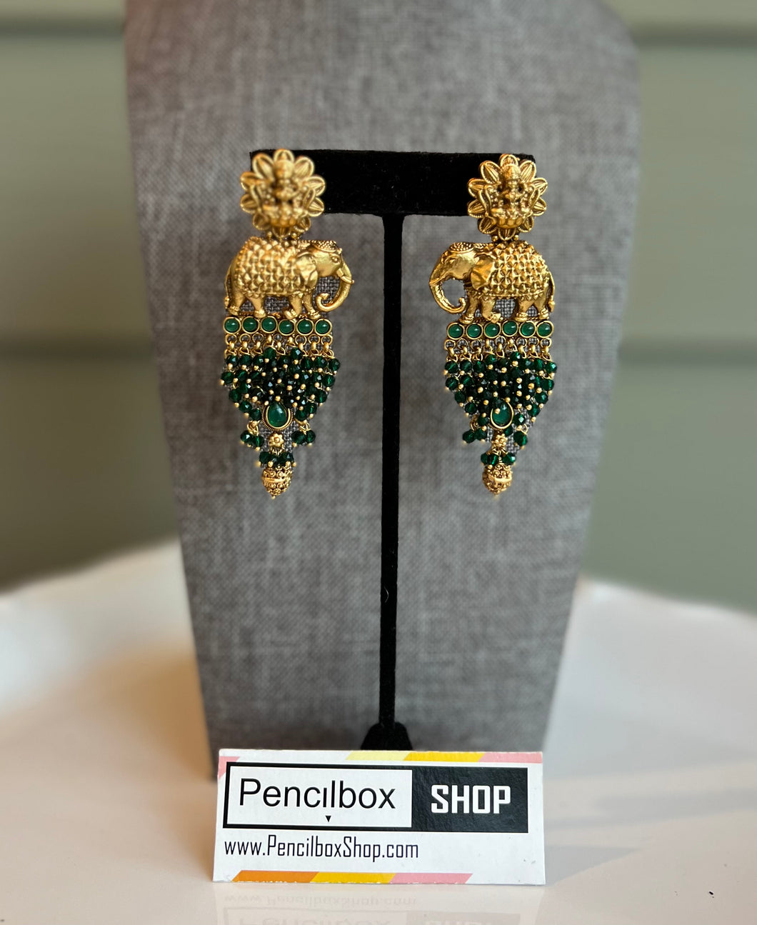 Amarpali Elephant Lakshmi ji Green Kemp Stone Golden Beads jhumka earrings