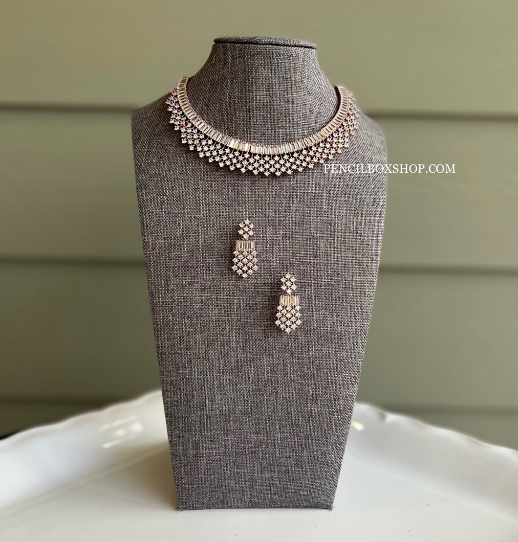 American Diamond Sleek Simple Rose Gold Necklace set