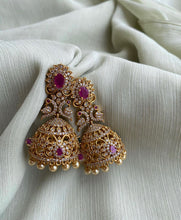 Load image into Gallery viewer, Multicolor Peacock Temple Gold Finish Stone Glass Stone jhumka cz earrings -1
