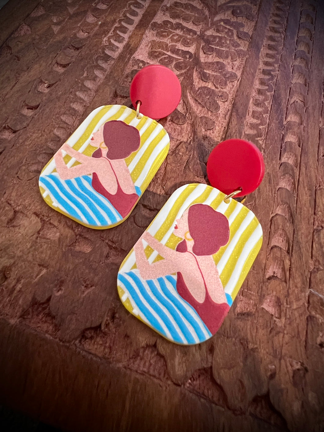 Acrylic yellow Red shiny Girl sitting Earrings IDW