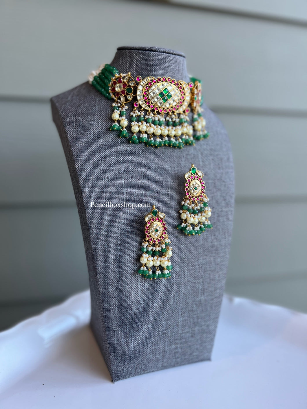 Raha Pachi Kundan Ruby Green Multicolor Designer choker Necklace set