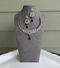 Load image into Gallery viewer, Rose Gold Blue American Diamond Dual Tone Designer  Necklace set
