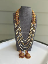 Load image into Gallery viewer, Ruby Statement Pearl Layered Peacock Long Antique Finish Necklace set

