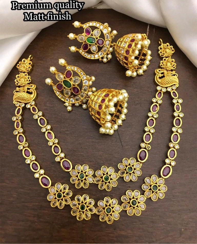 Two layered Multicolor peacock flower Dainty Necklace set with jhumkas