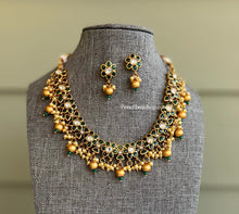 Load image into Gallery viewer, Green Gold matte finish Real Kemp Stone Golden Beads Temple Necklace set
