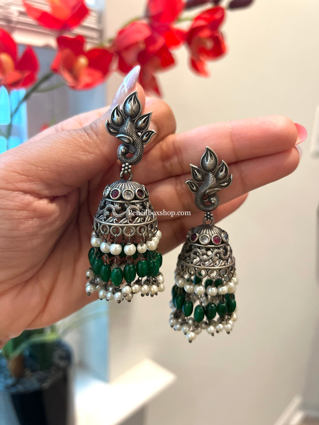 German silver Peacock Jhumka with pearls earrings