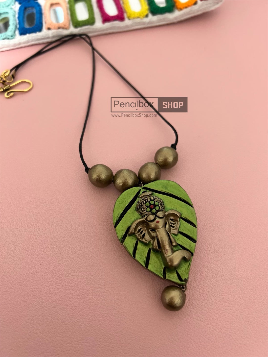 Handmade Terracotta Ganesha Green Pendant Necklace