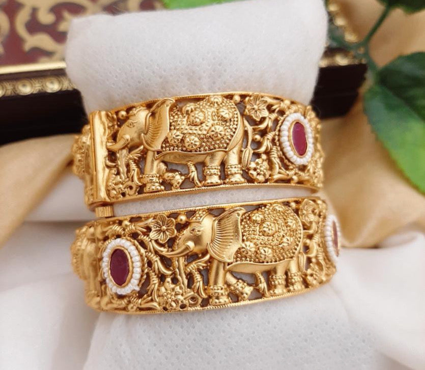 Elephant ruby pearl stone Openable temple Pair of bangle with ruby Flower openable bangle set for women
