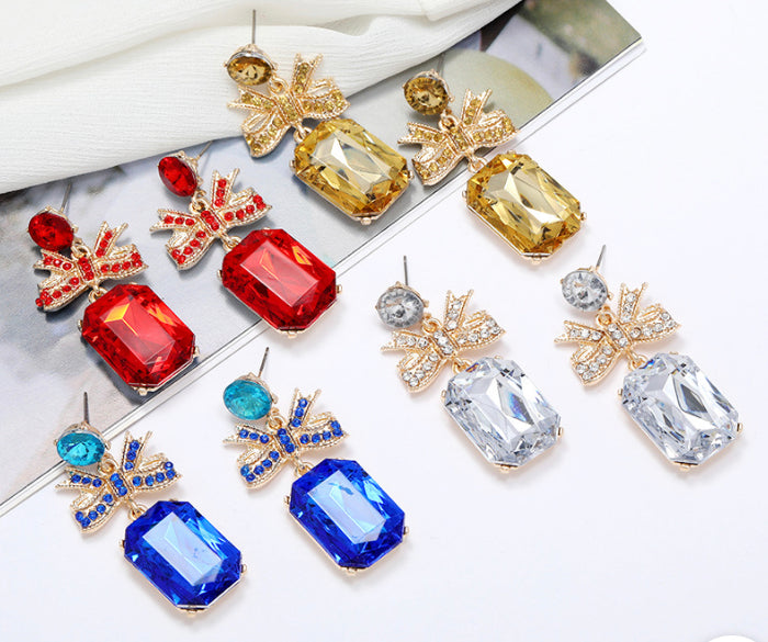 Rhinestone Long Bow Crystal Stone Earrings for women IDW