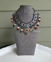 Load image into Gallery viewer, German Silver Blue Brown Dual Tone Heavy Statement Necklace
