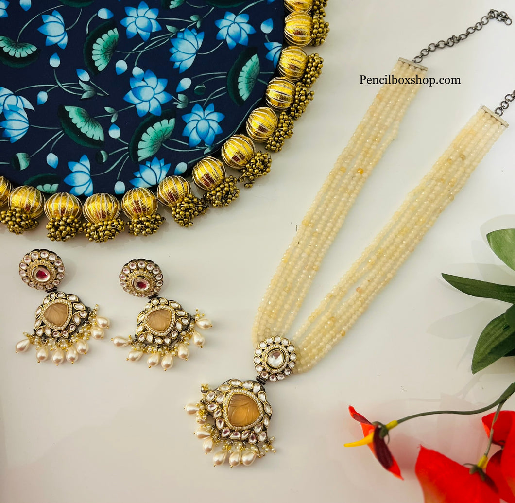 Tayani Peach Victorian finish Kundan Long Necklace set