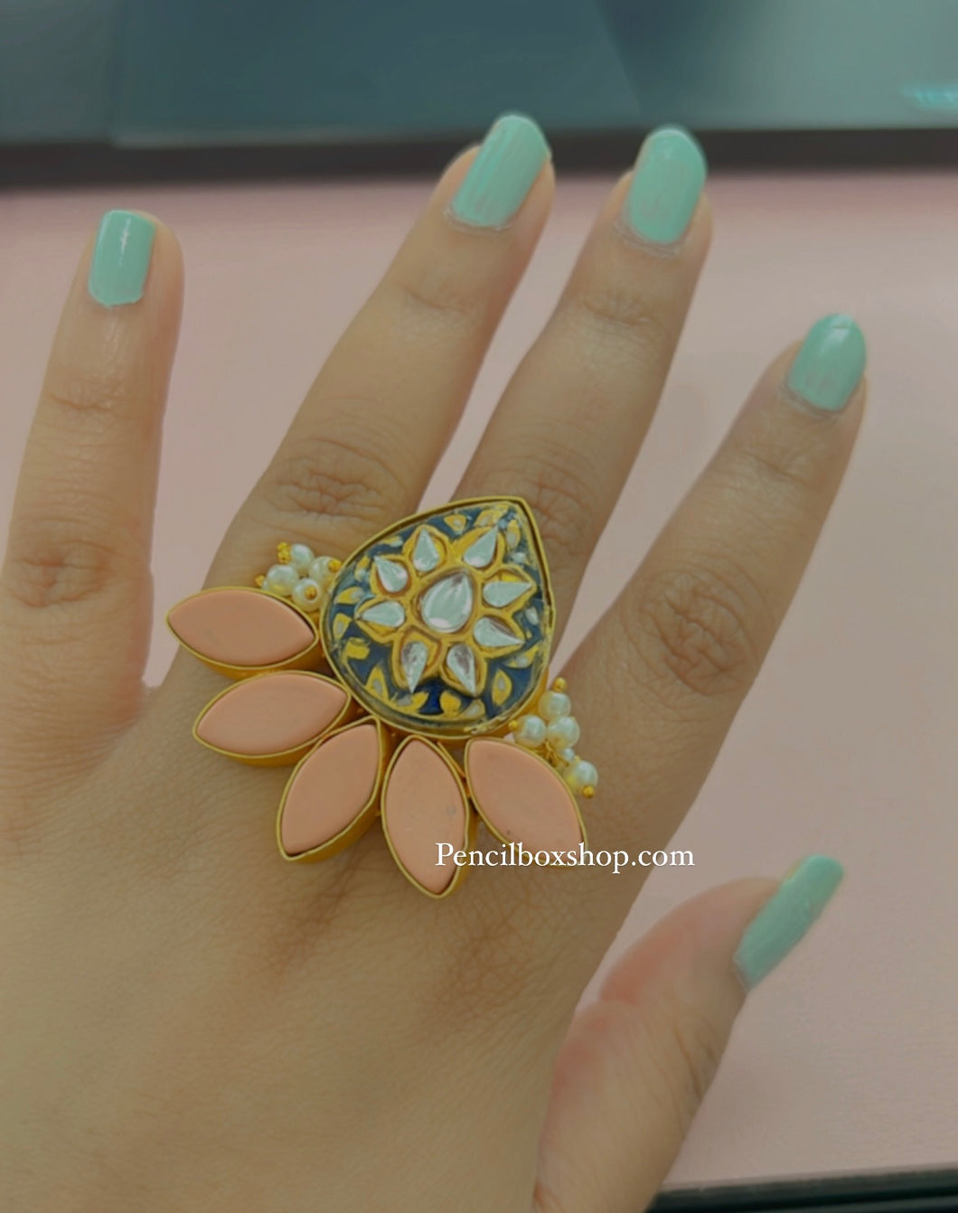 Pink Blue jadau Kundan adjustable Statement Ring