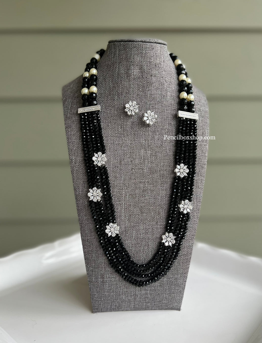 Three Layer Black Silver American Diamond Hydro Beads Necklace set