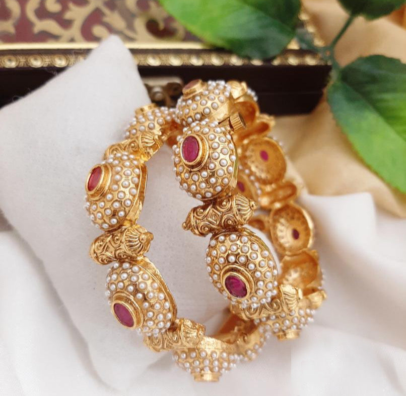 Pearl Ruby Stone Openable temple Pair of bangle set for women