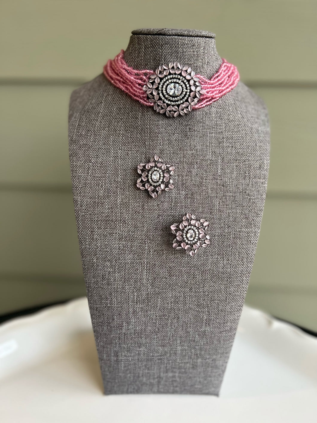 American Diamond Victorian Pink Choker Necklace set
