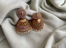 Load image into Gallery viewer, Multicolor Cz American Diamond Gold finish Temple Jhumki Earrings

