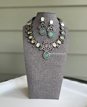 Load image into Gallery viewer, German silver Mirror peacock Carved Stone Statement Necklace set
