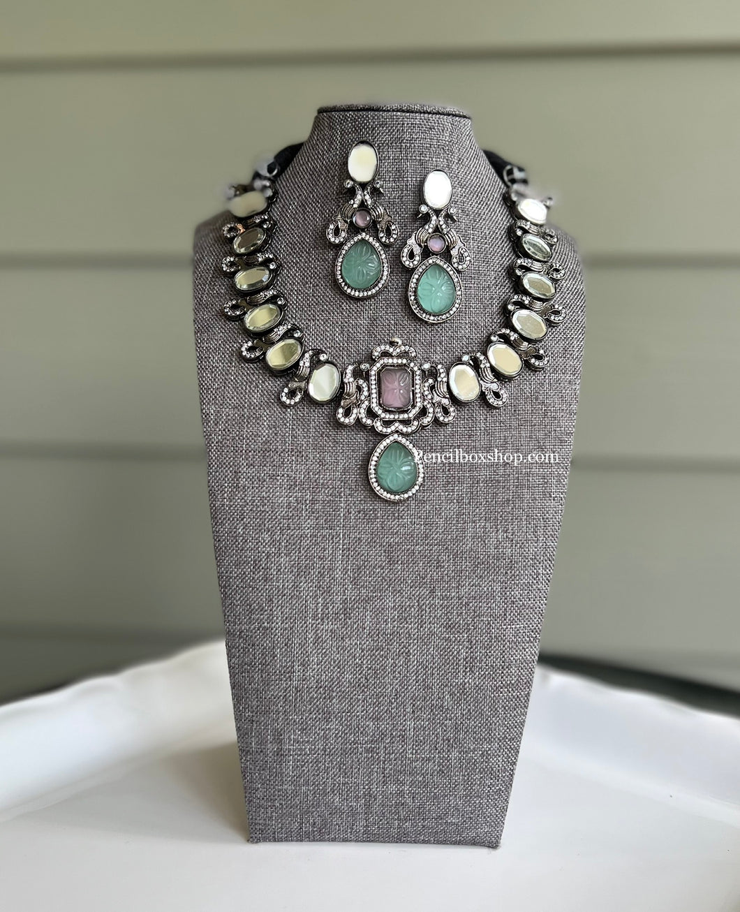 German silver Mirror peacock Carved Stone Statement Necklace set