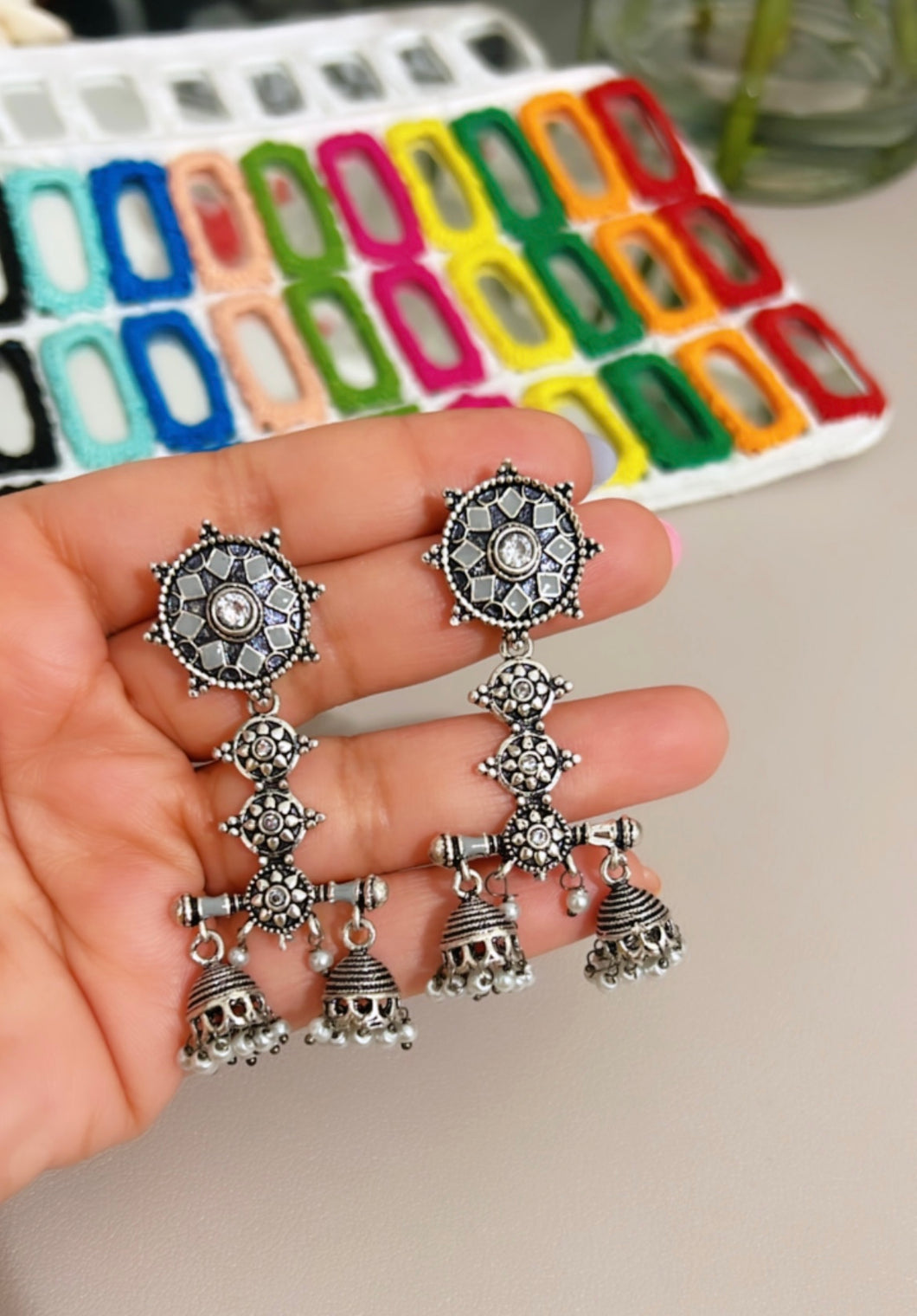 German silver Grey Double Jhumka Enamel paint earrings