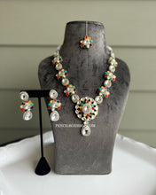 Load image into Gallery viewer, Uncut Kundan Navratna Premium Multicolor Designer Statement Necklace set with Maangtikka
