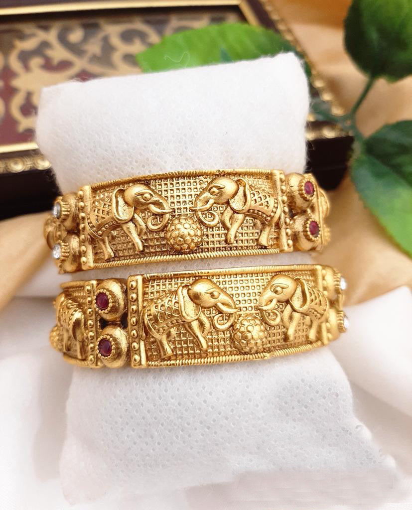 Elephant ruby White stone Openable temple Pair of bangle set for women