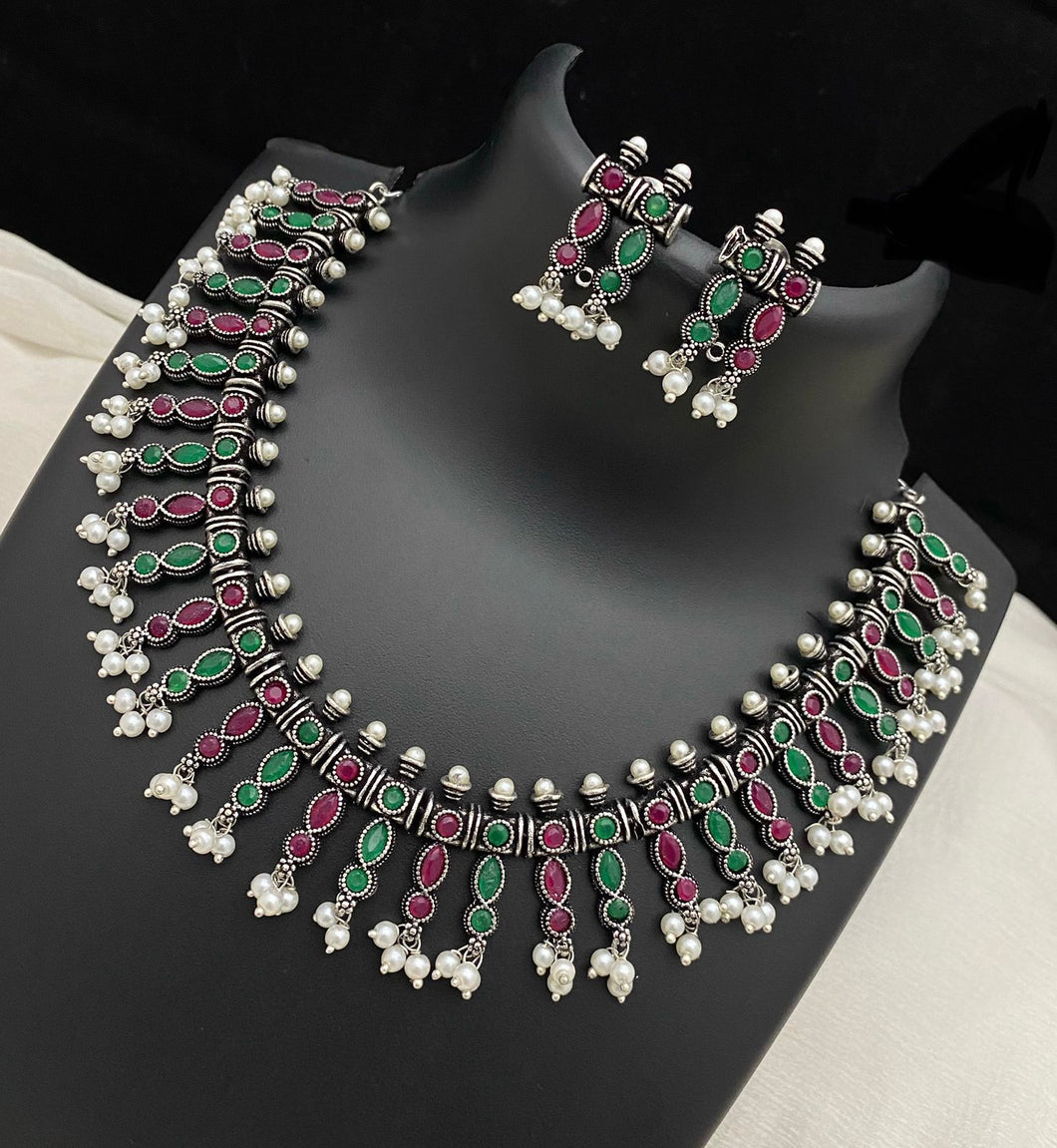 German silver Hanging Beads Pearl  stone necklace set