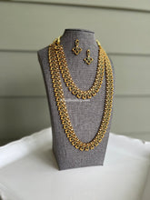 Load image into Gallery viewer, Golden Antique Finish Temple Mango Shape Green kemp Stone 2 pc Haram Necklace set
