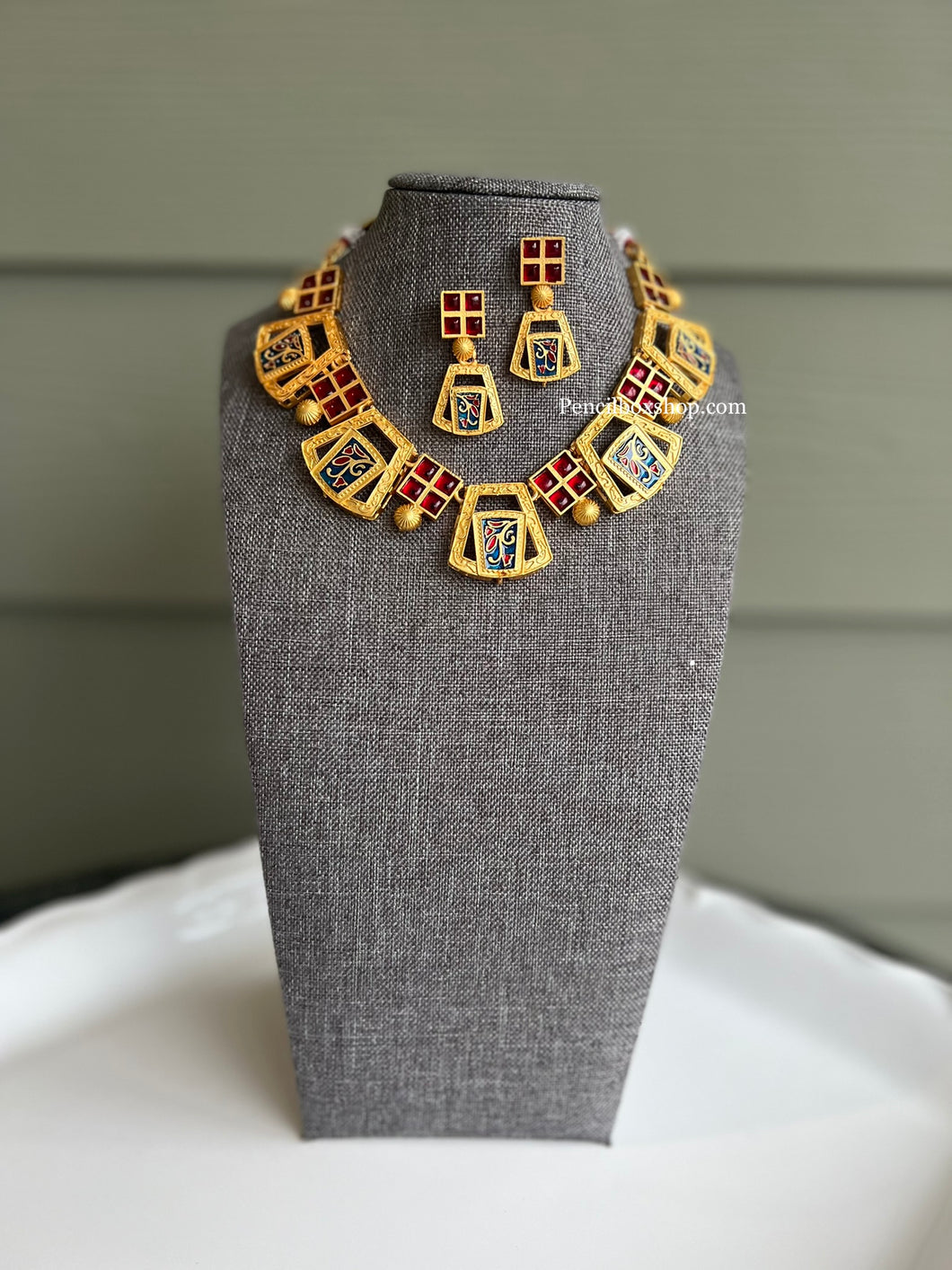 Red Blue Golden Kundan Necklace set with meenakari work