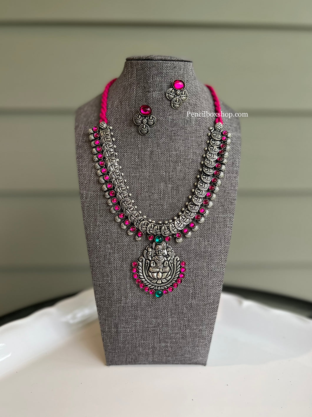 German Silver Lakshmi ji Temple Pink  Beads Simple Necklace set