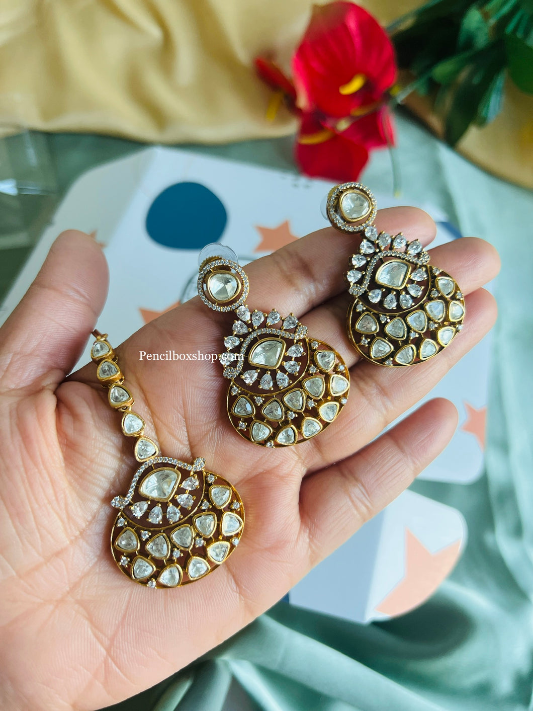 Uncut American diamond Golden statement Earrings with Maangtikka