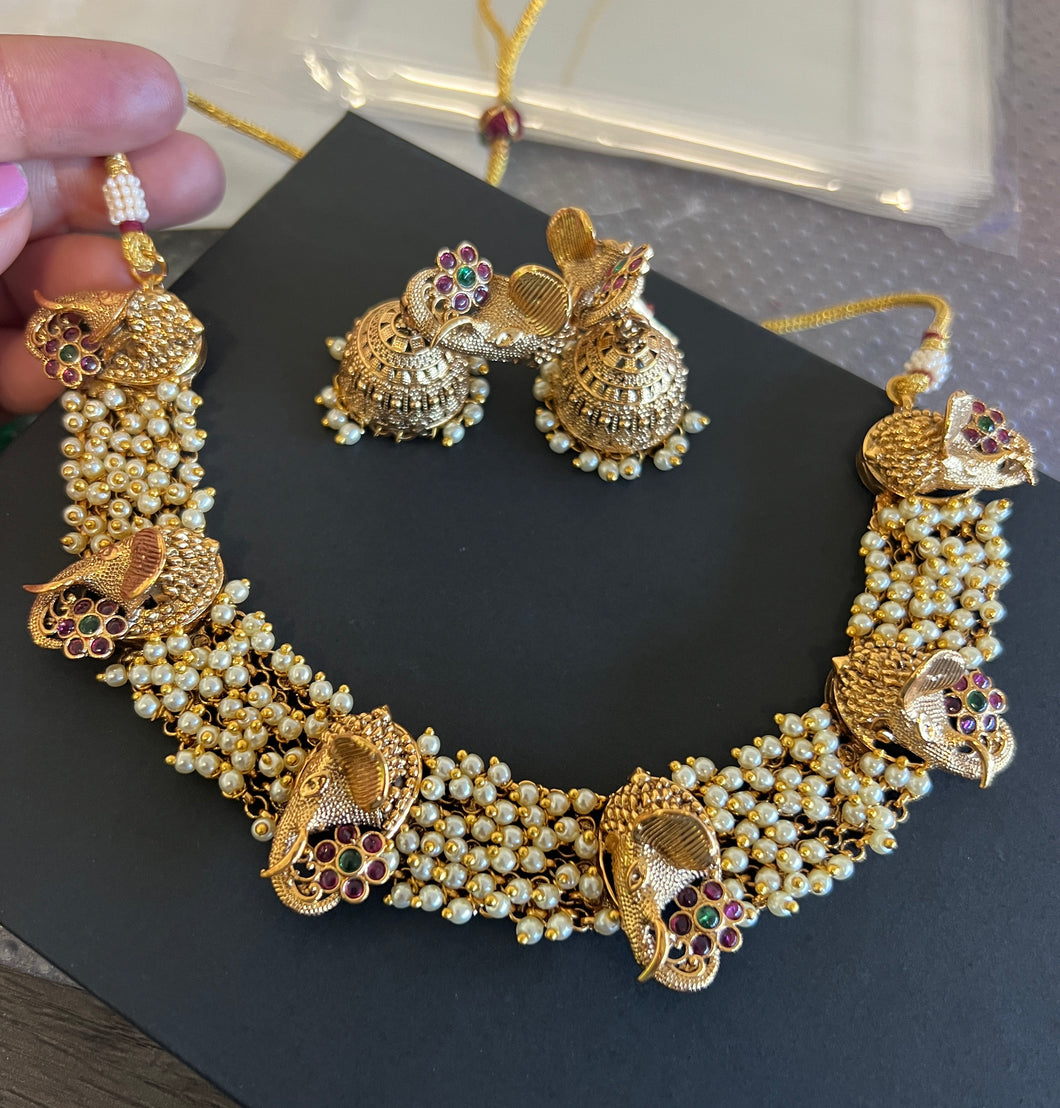 Ganesha Kemp Stone Pearl Green Ruby Stone necklace set