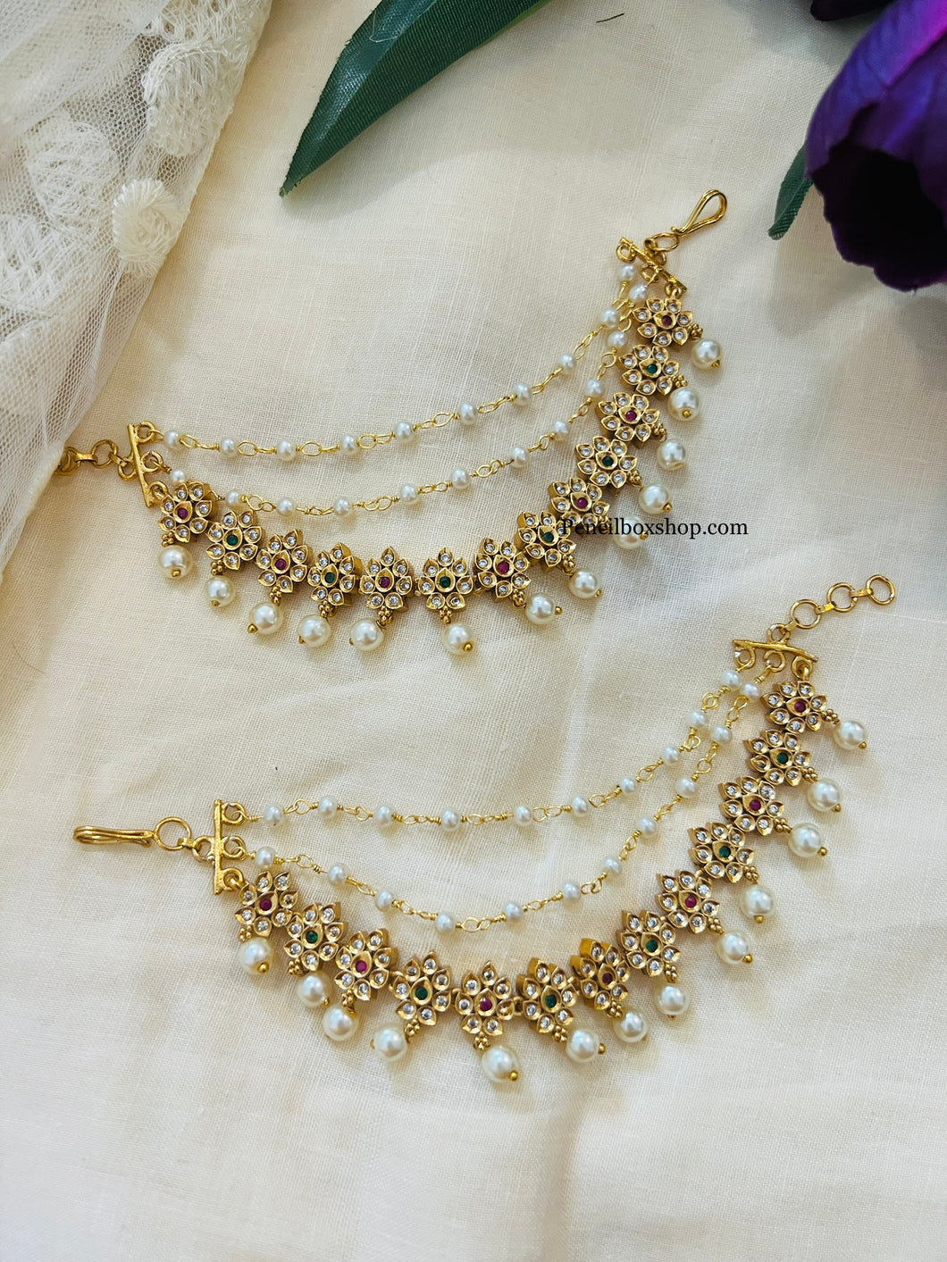 Golden 2 pc Multicolor Flower Earrings Pearl Chain Mattal