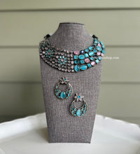 Load image into Gallery viewer, German Silver Statement Glass Stone double design Necklace set
