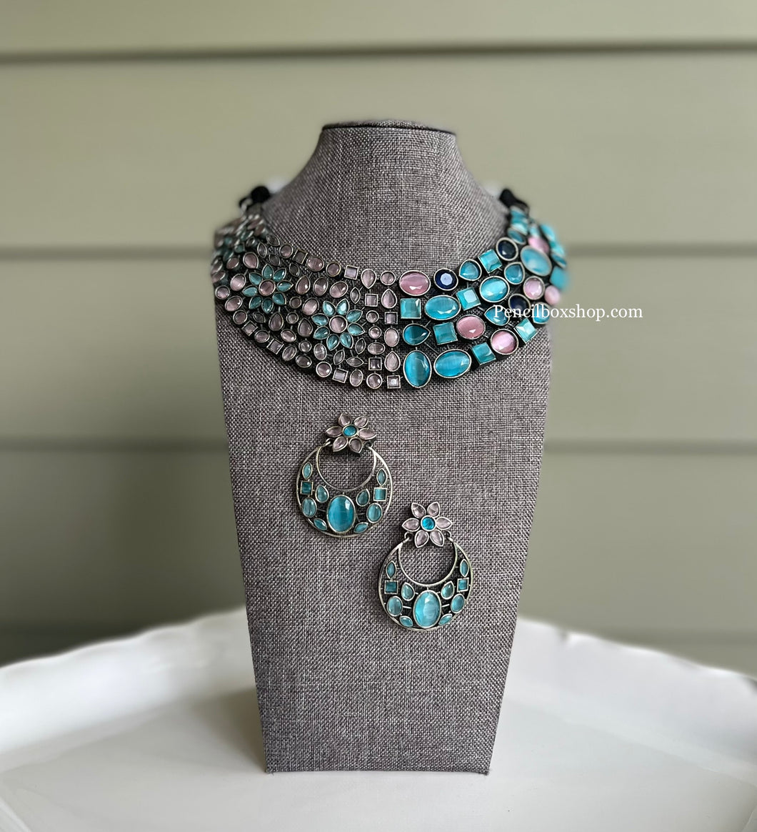 German Silver Statement Glass Stone double design Necklace set