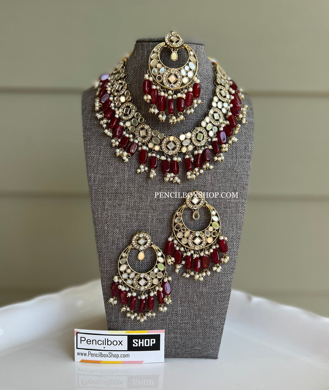 Mirror Statement Glass Drops Necklace set with maangtikka