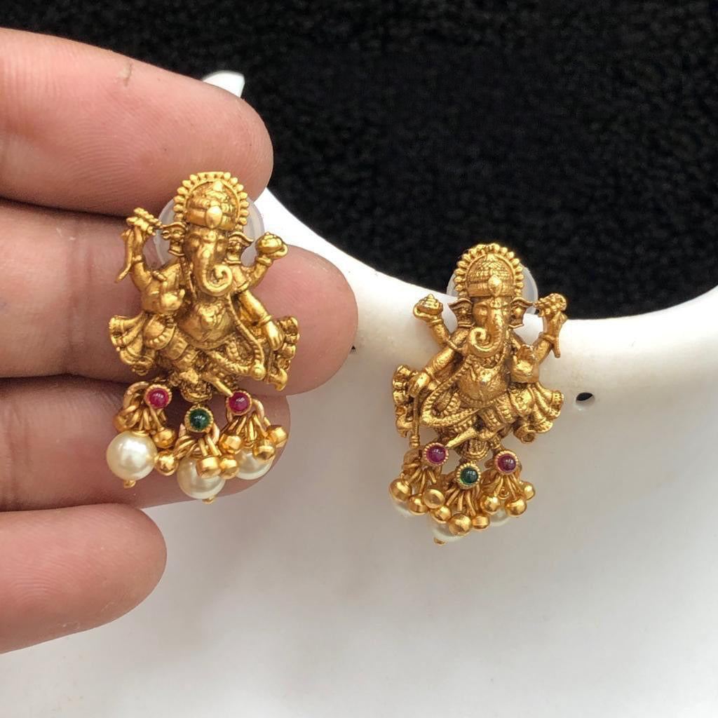 Ganesha Multicolor Golden Bead Temple Stud Earrings
