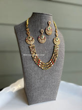 Load image into Gallery viewer, Three line Navratna cz Stone Kemp stone Necklace set

