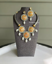Load image into Gallery viewer, 92.5 Silver Coated German silver pachi Kundan Meenakari Orange necklace set is
