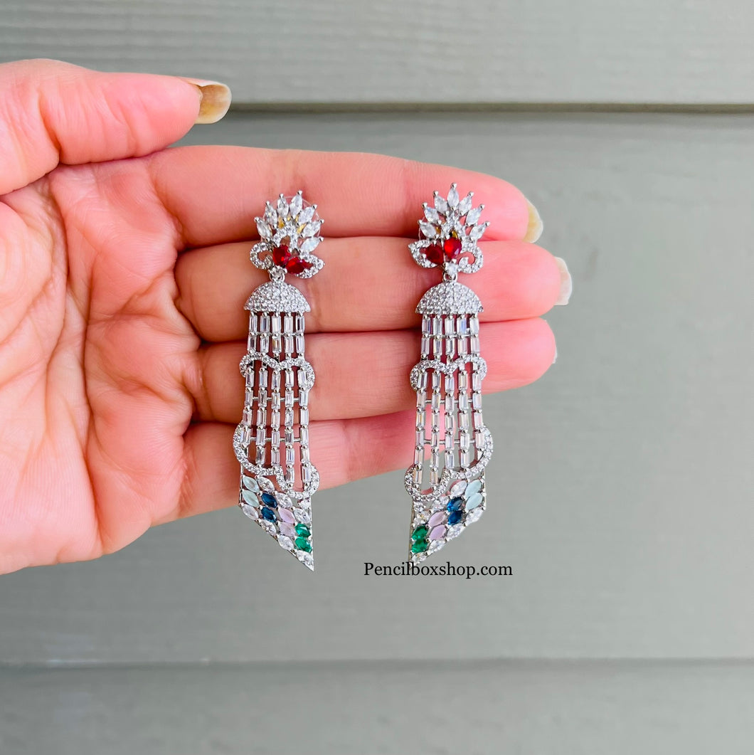 Multicolor Silver American Diamond Dangling Earrings