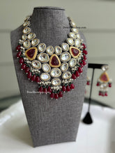 Load image into Gallery viewer, Designer Piece Uncut Polki Kundan with silver Foiled Natural Carved Stones Statement Necklace set

