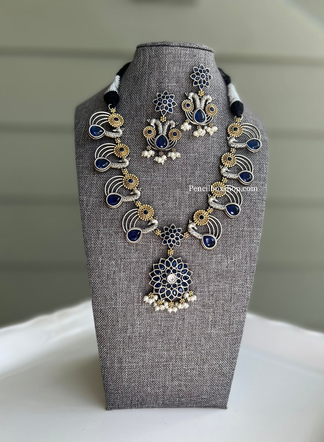German Silver Peacock Flower Dual Tone Necklace set