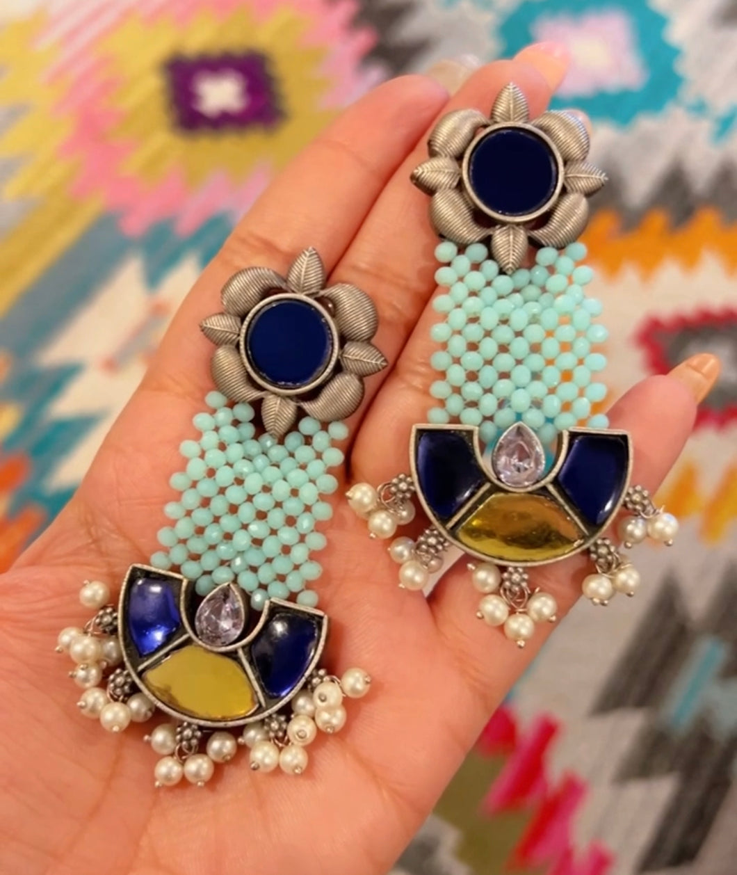 German silver Mirror Afghani Beads Dangling Earrings