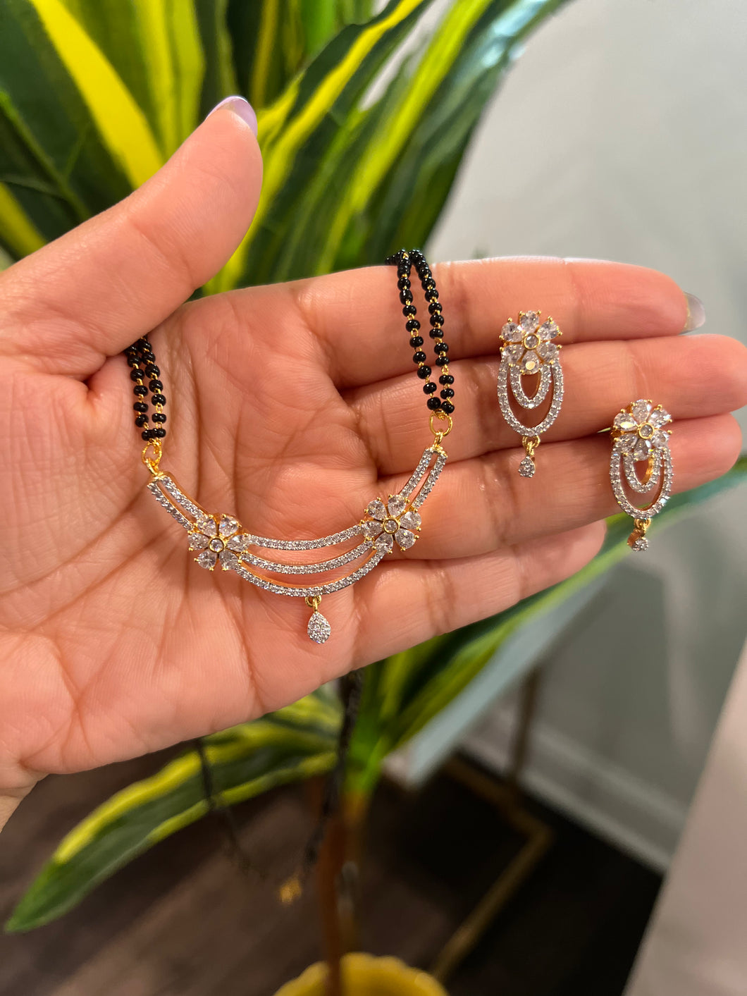 Cubic zirconia AD white Black beads Mangalsutra Necklace