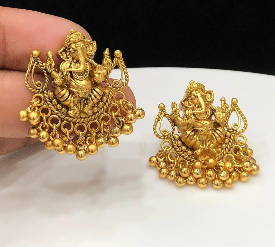 Ganesha Golden Bead Temple Stud Earrings