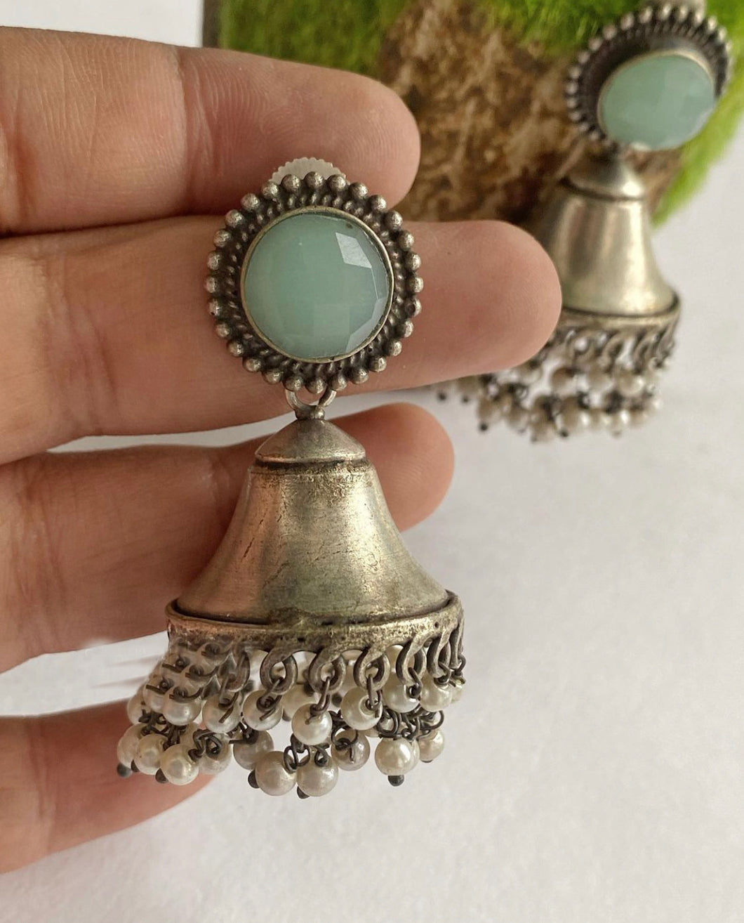 German Silver Mint Stone Pearl Jhumka Earrings