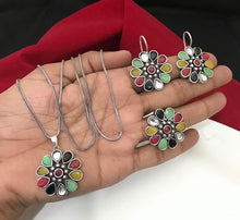 Load image into Gallery viewer, German silver flower combo set with ring necklace set
