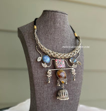 Load image into Gallery viewer, Contemporary Silver Brown Blue  Natural Stone Hasli Jhumka Necklace
